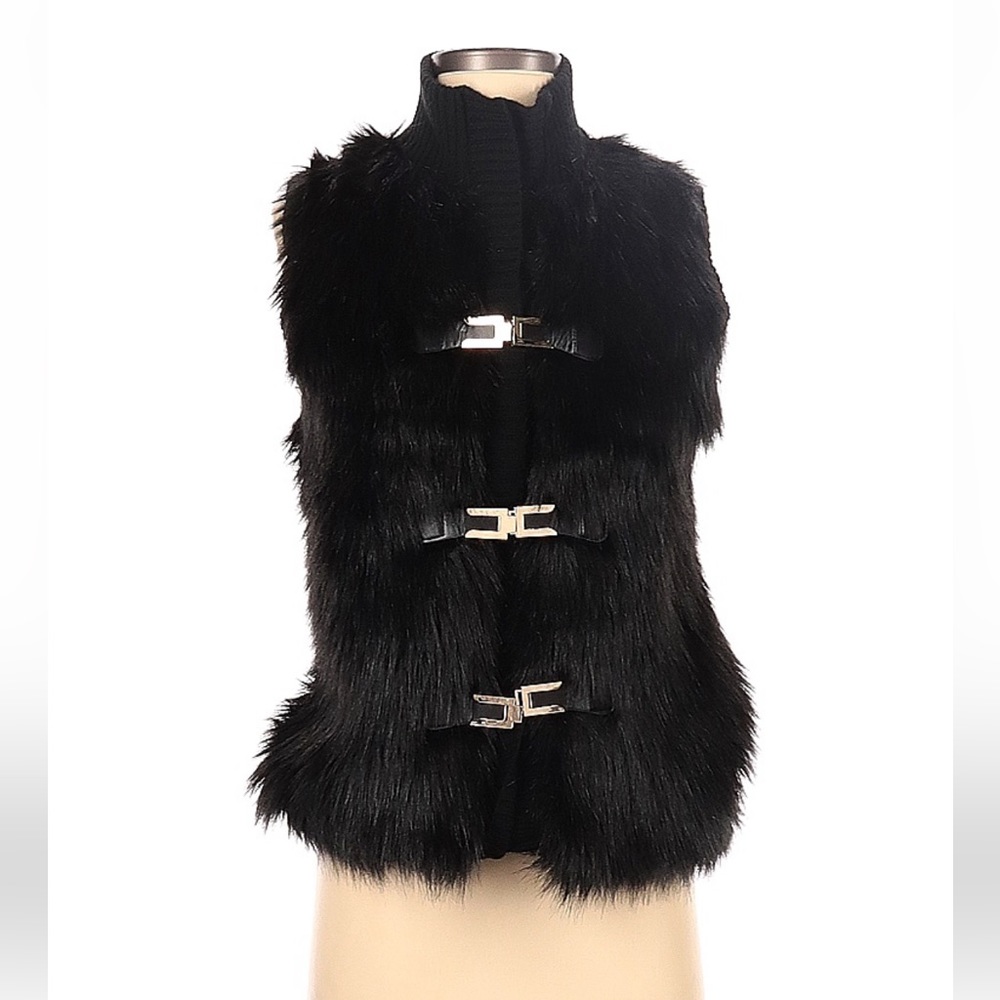Cliche black faux fur vest with silver buckles in women’s size small